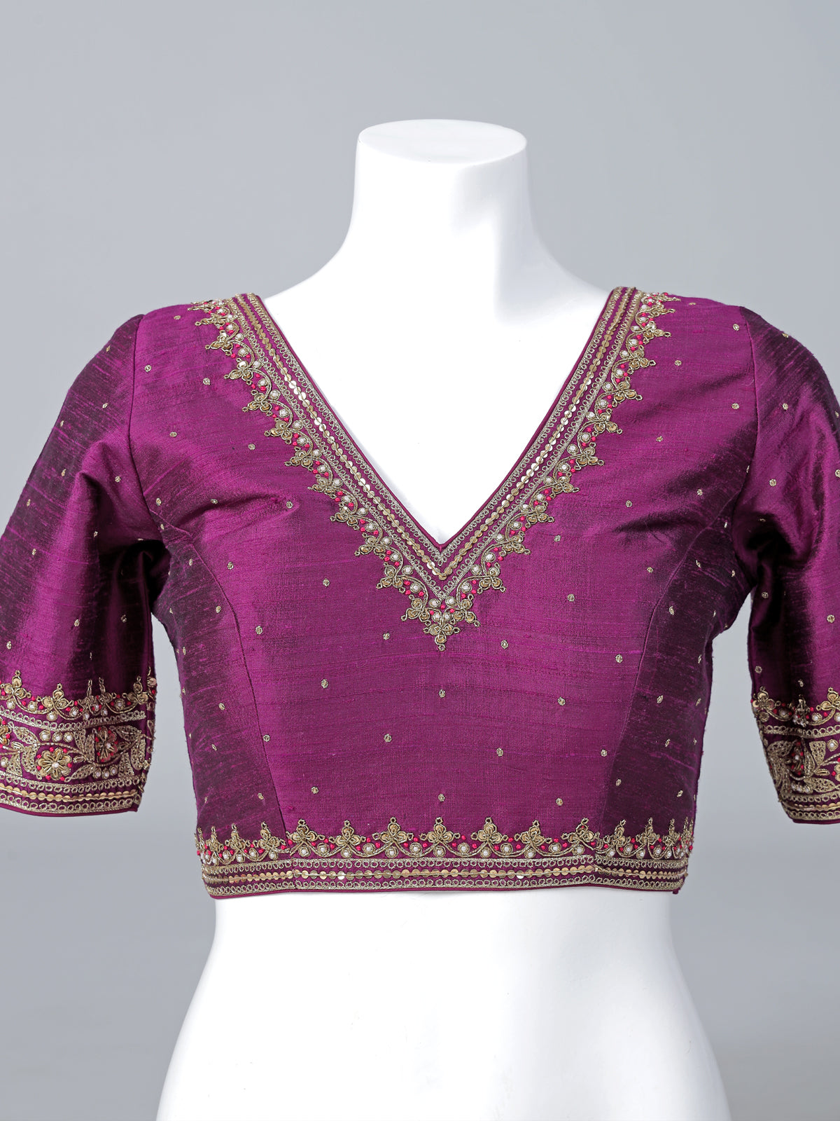 Purple raw silk embellished V neck blouse