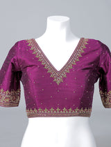 Purple raw silk embellished V neck blouse