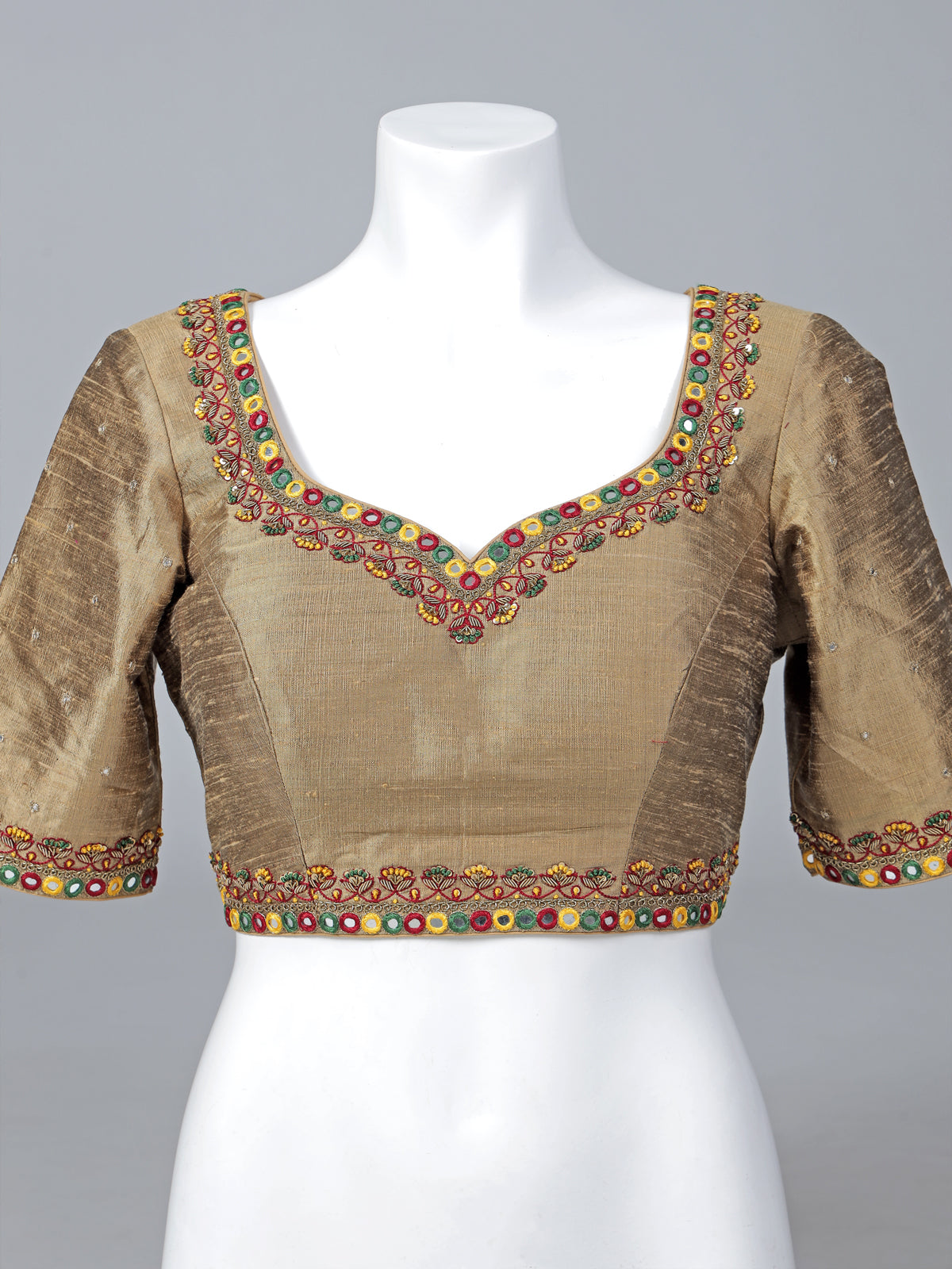 Beige raw silk mirror work sweetheart neck blouse