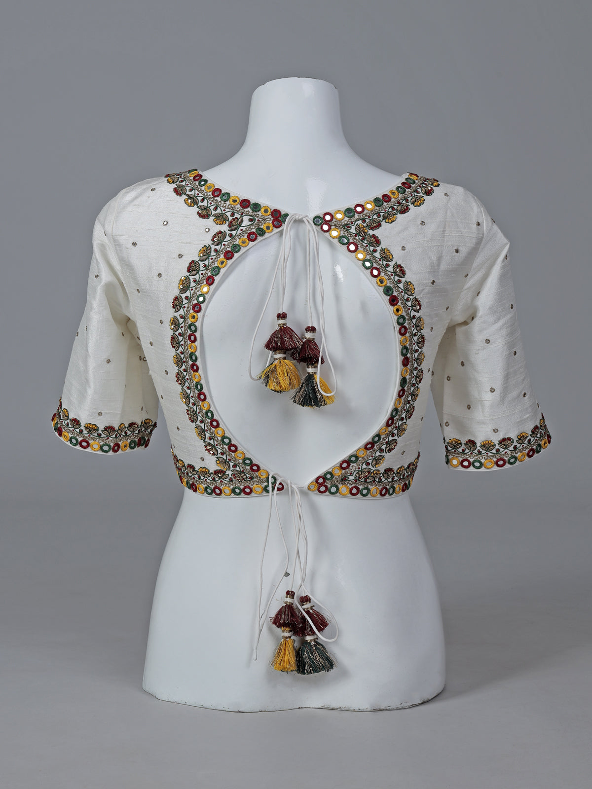 White raw silk mirror work sweetheart neck blouse