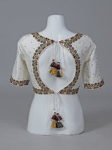 White raw silk mirror work sweetheart neck blouse
