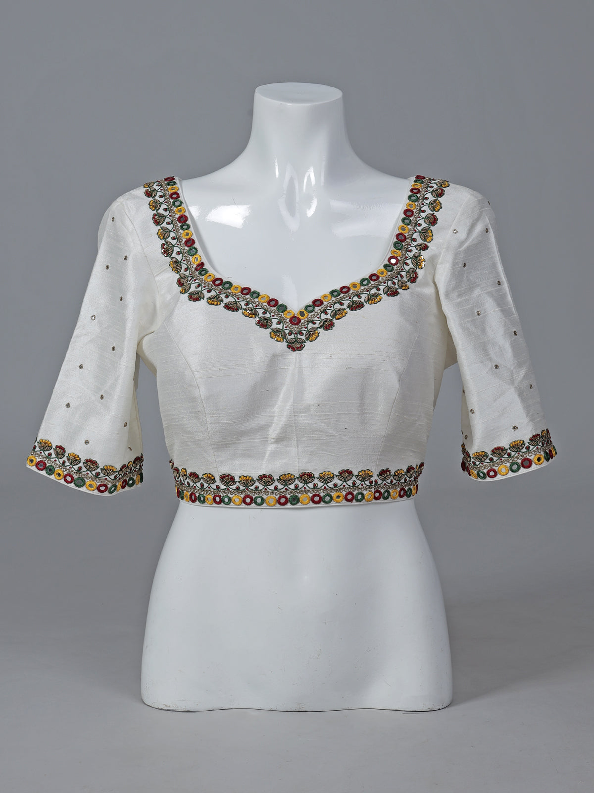 White raw silk mirror work sweetheart neck blouse