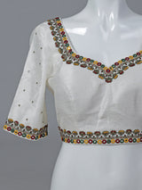 White raw silk mirror work sweetheart neck blouse