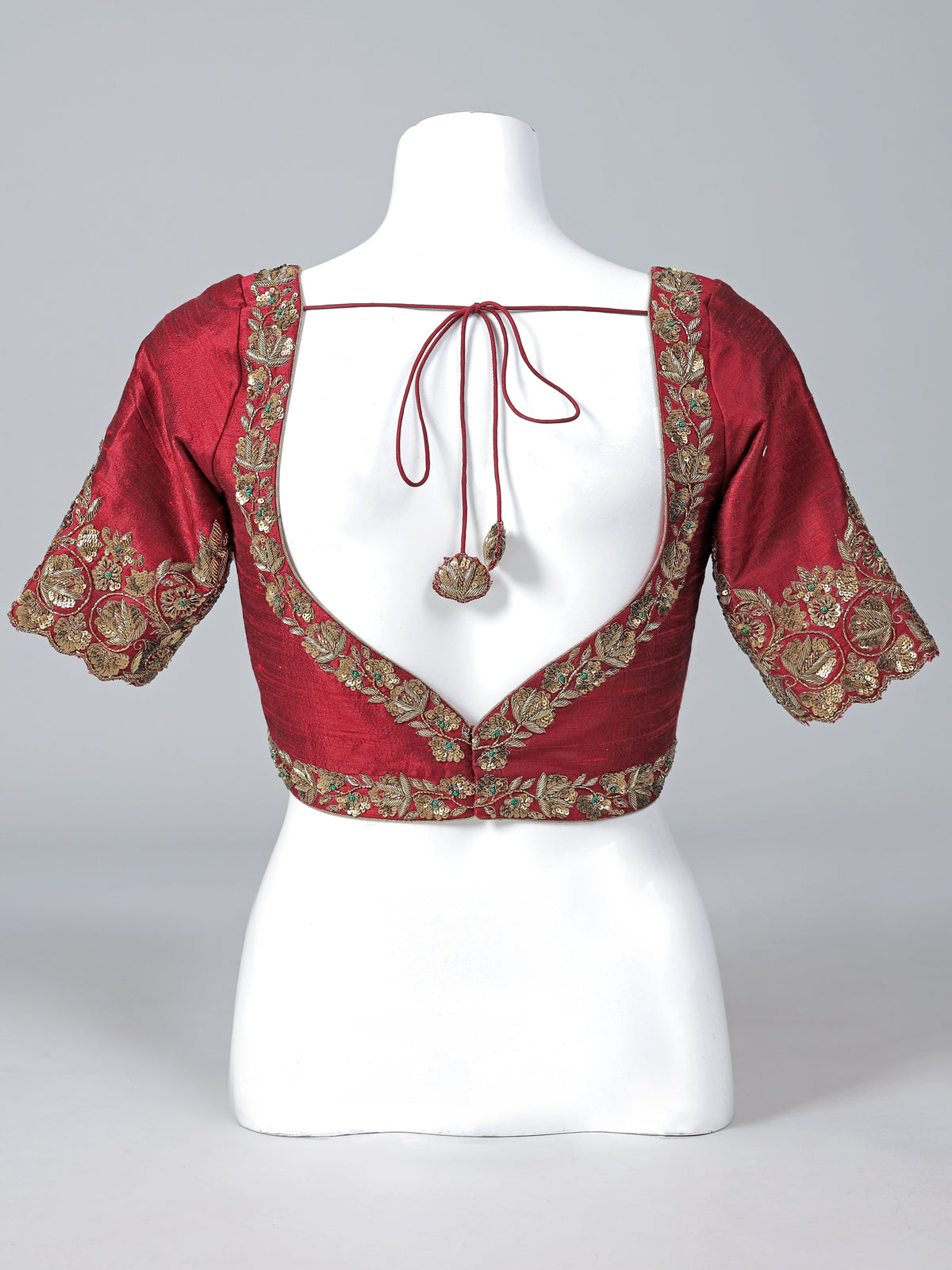 Maroon raw silk zardosi work sweetheart blouse