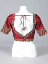 Maroon raw silk zardosi work sweetheart blouse