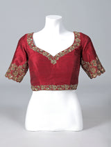 Maroon raw silk zardosi work sweetheart blouse