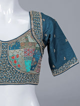 Rama blue printed modal silk blouse with cutdana work