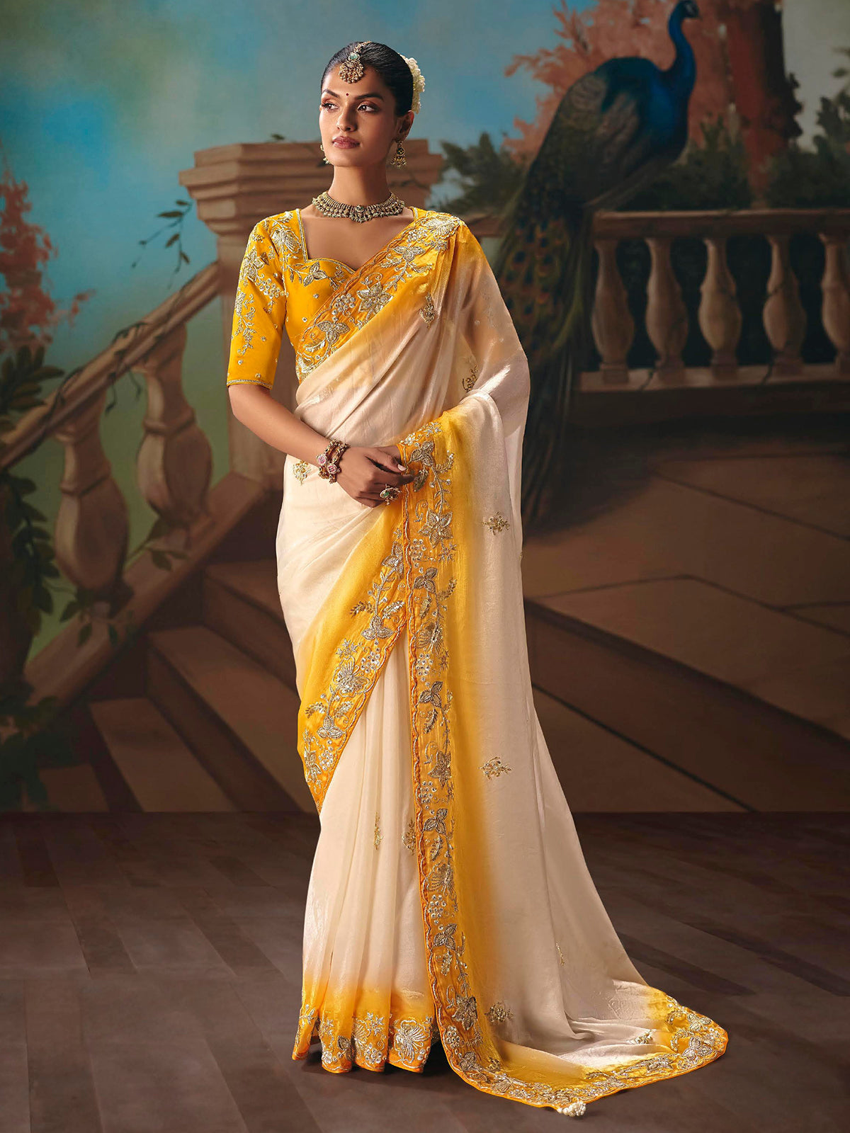 Yellow and cream fancy tissue silk saree