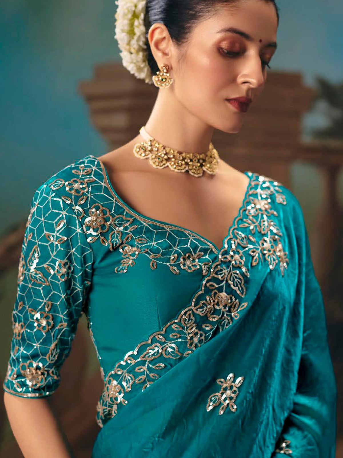Aqua blue chiffon silk festive saree