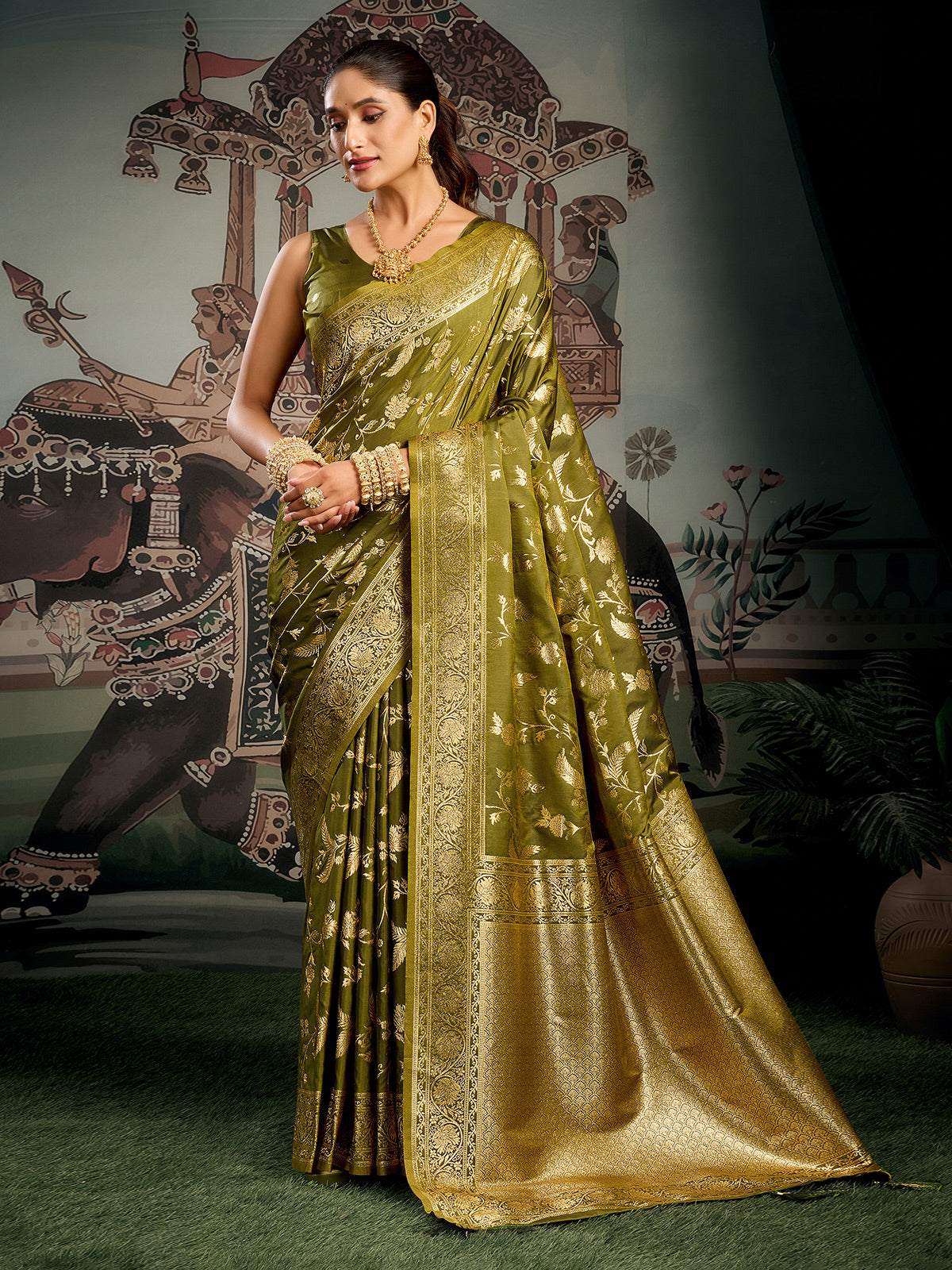 Mehendi green silk zari worked saree