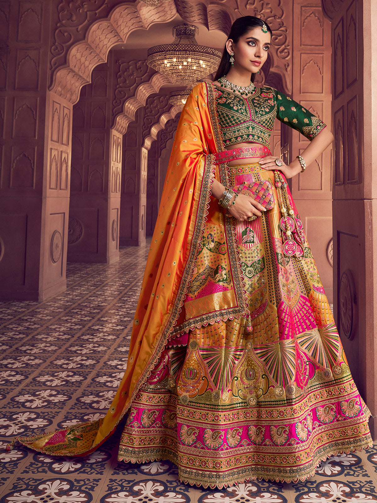 Multicolor wedding wear silk lehenga choli in banarasi silk