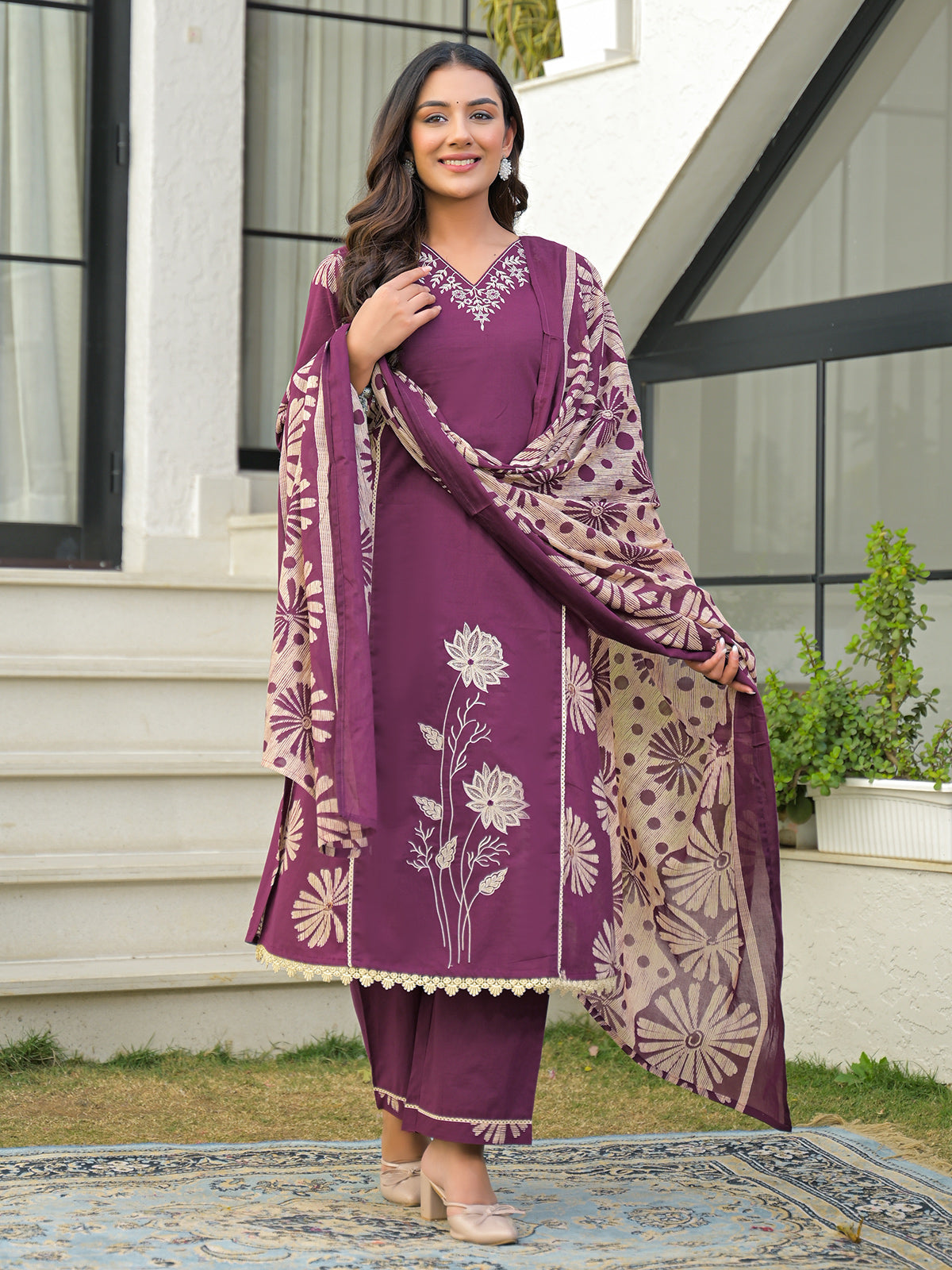 Purple festive wear cotton kurti set