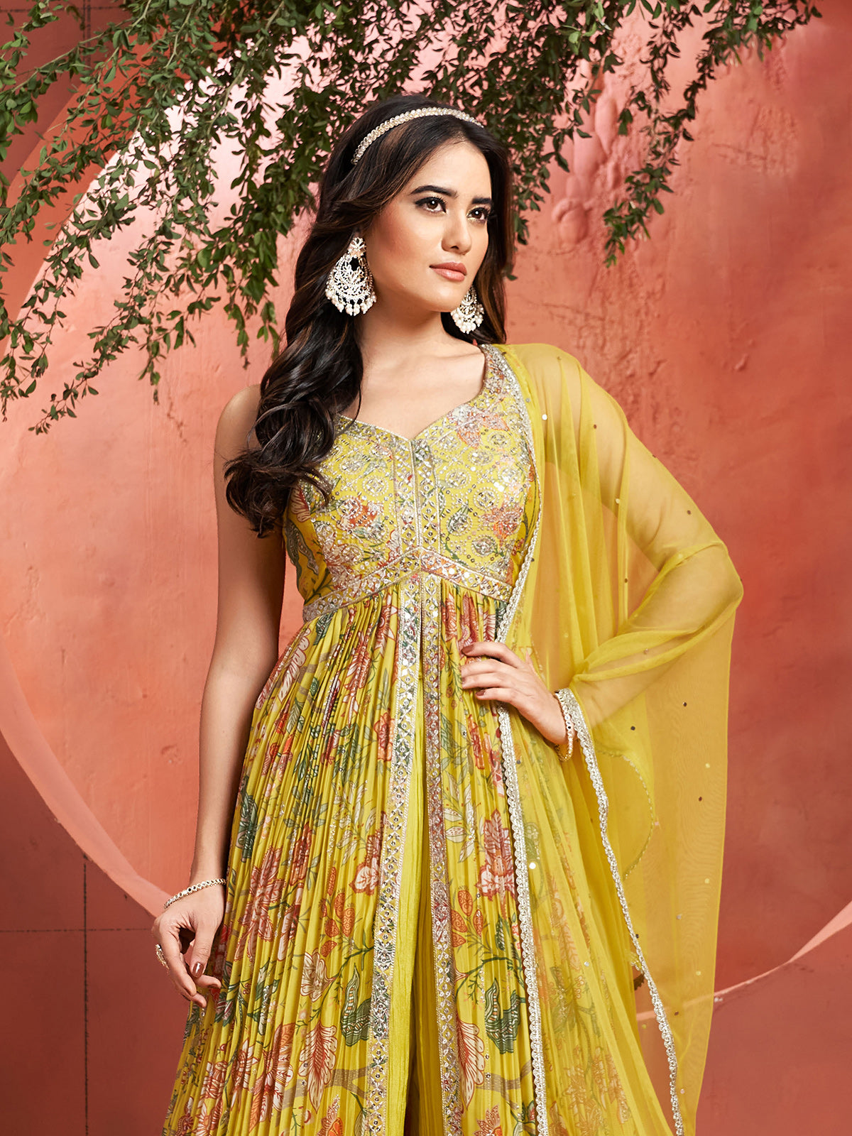 Newest mustard yellow palazzo suit in georgette for women