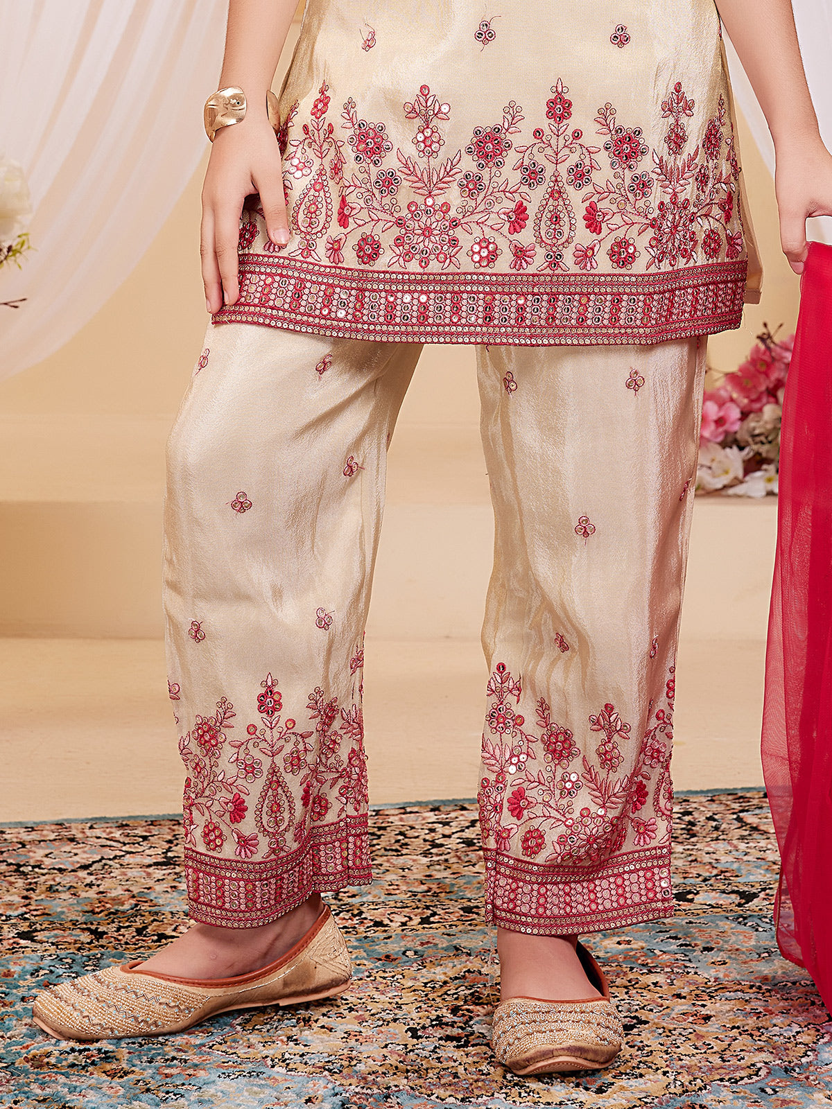 Cream festive wear silk salwar suit for girls