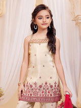 Cream festive wear silk salwar suit for girls