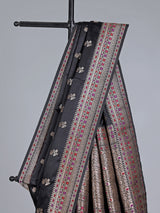 Black silk saree with zari and colorful motifs