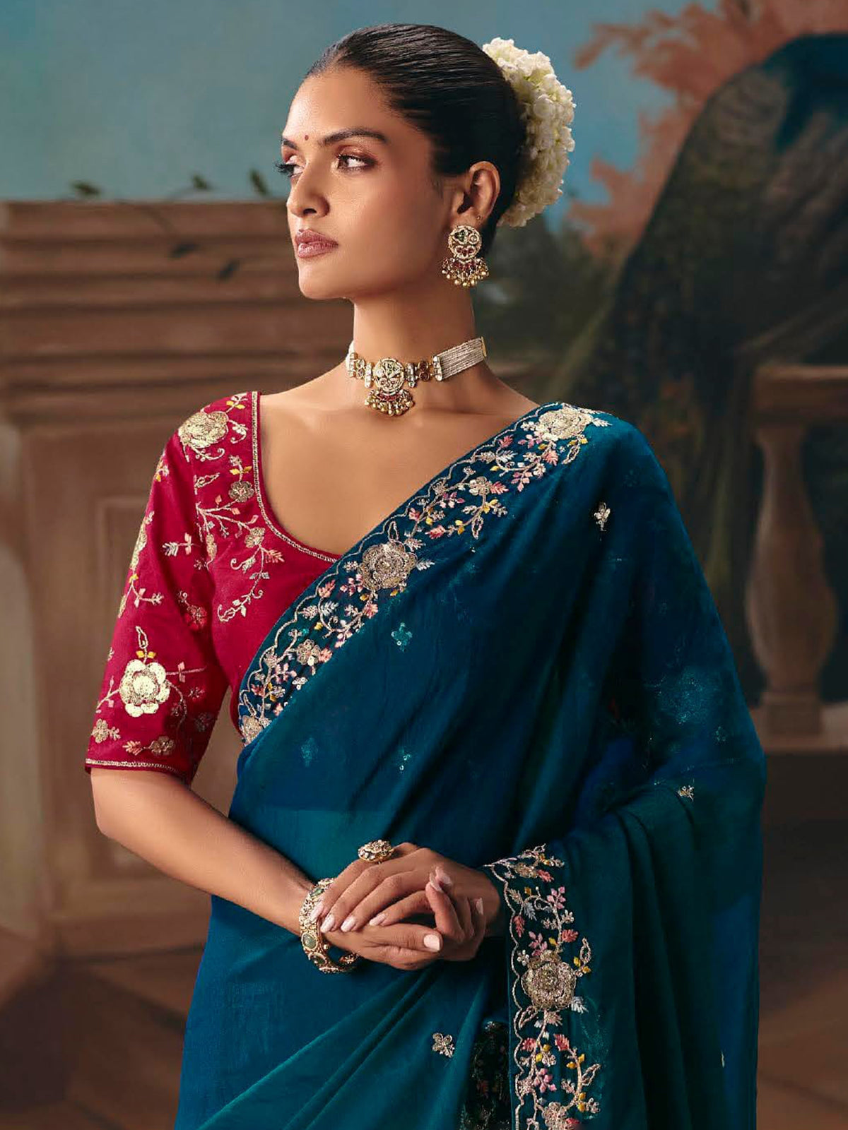 Rama blue fancy tissue silk butti saree
