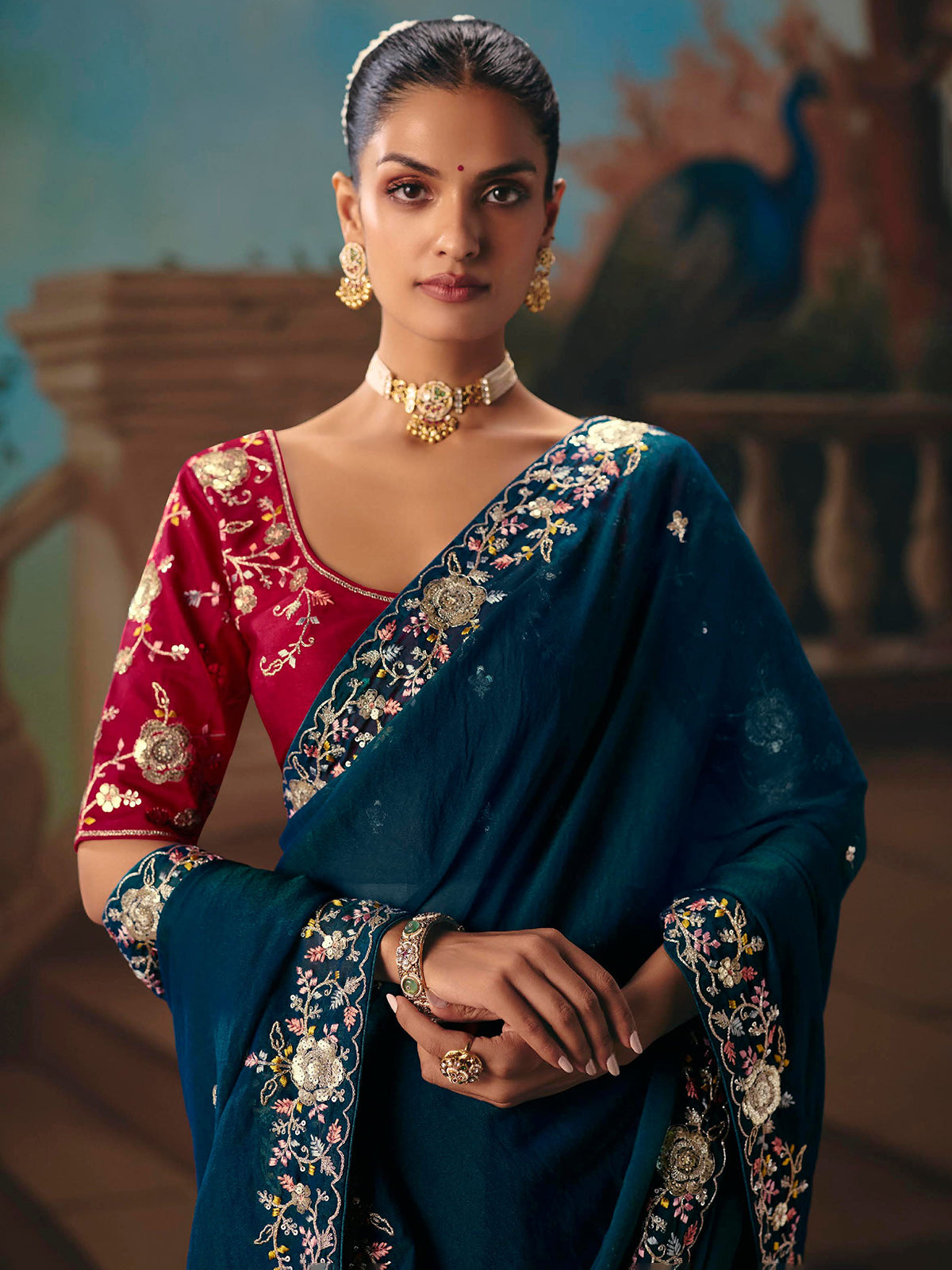 Rama blue fancy tissue silk butti saree