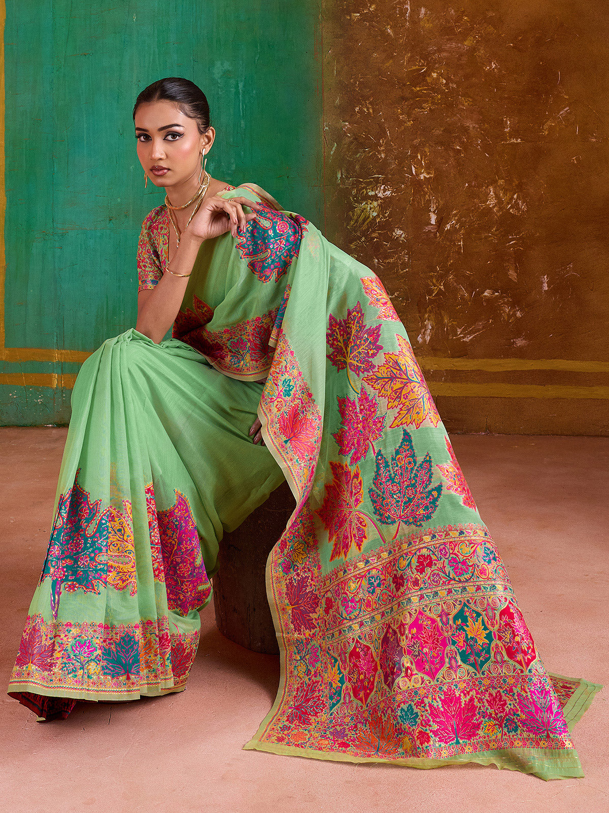 Green modal cotton woven embroidered saree