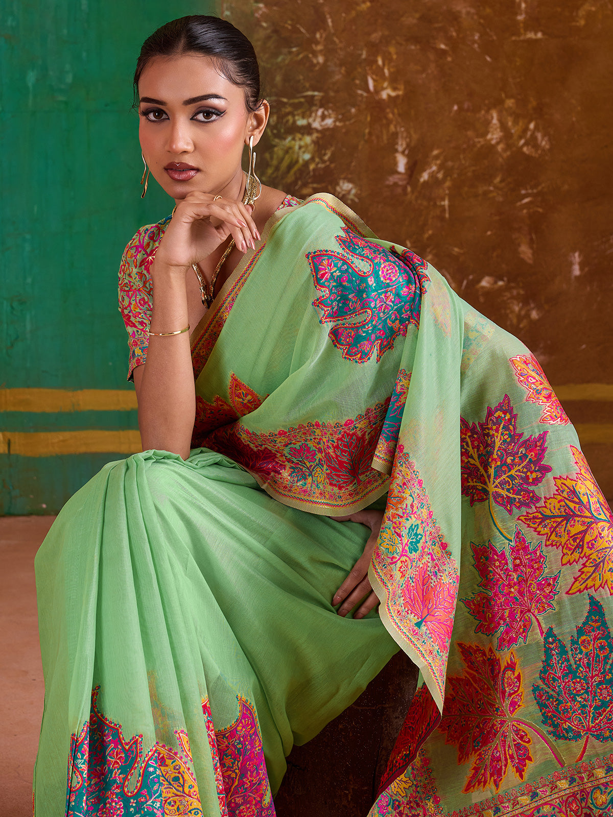 Green modal cotton woven embroidered saree