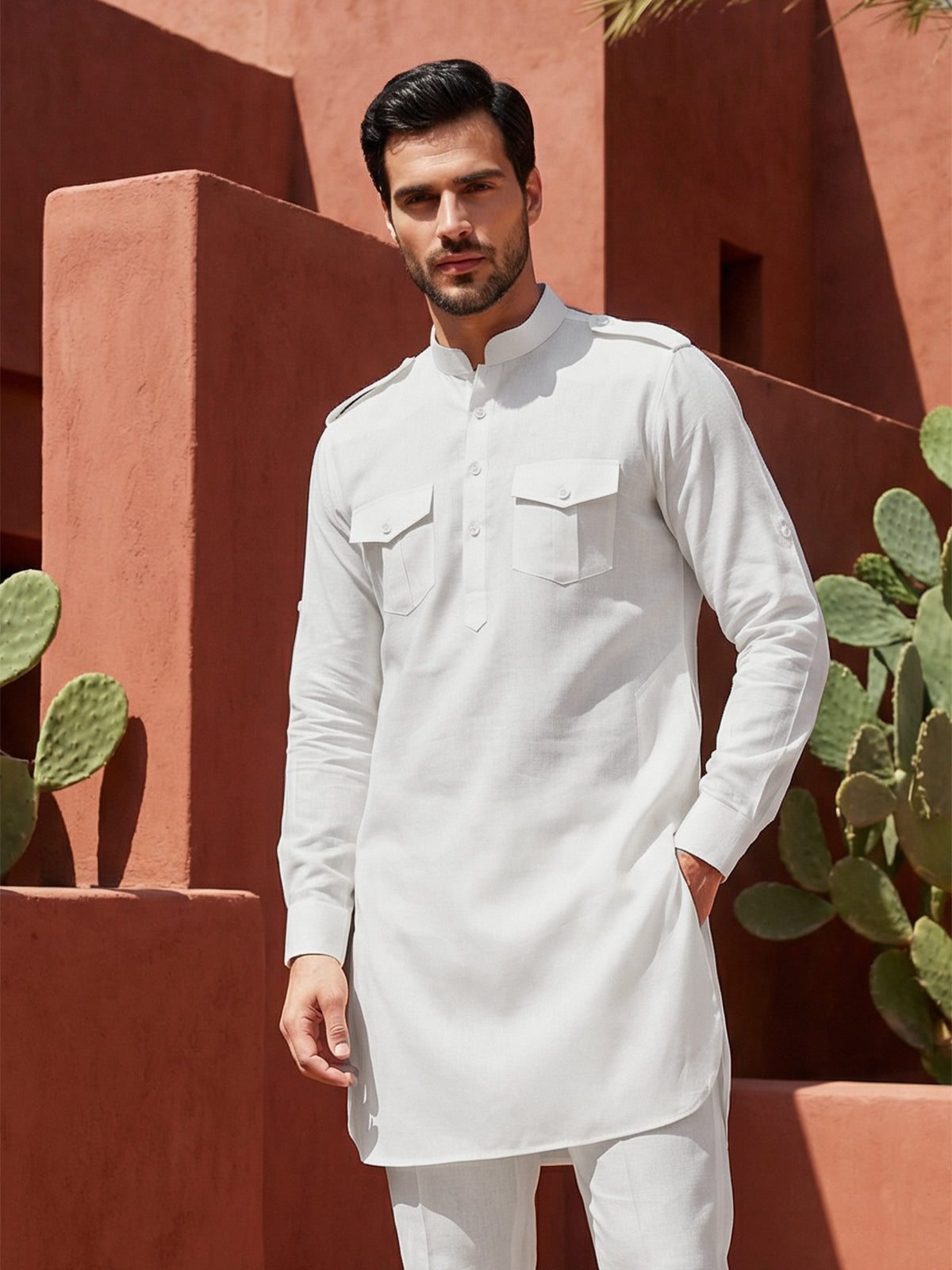 White elegant mandarin collar pathani suit