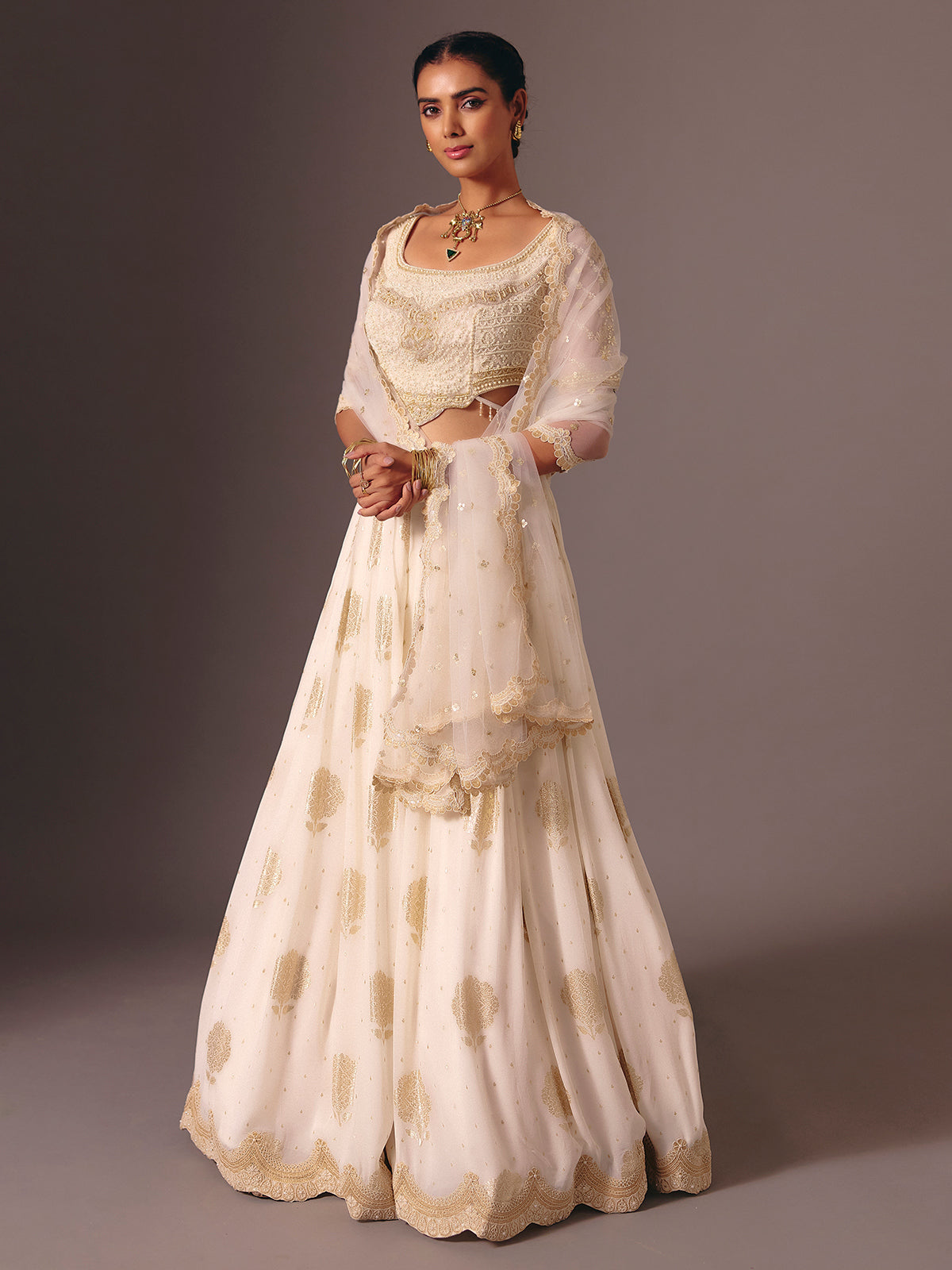 Cream silk georgette designer lehenga choli with pearl work