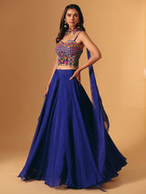 Blue georgette lehenga choli with cowrie shell