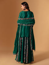 Green silk printed palazzo suit with sweetheart neck