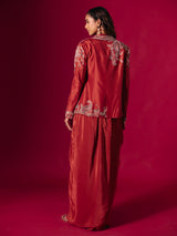 Rust red satin silk indo western suit with jacket