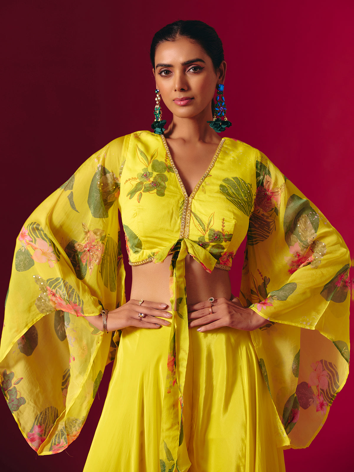 Yellow satin silk festive palazzo suit with print
