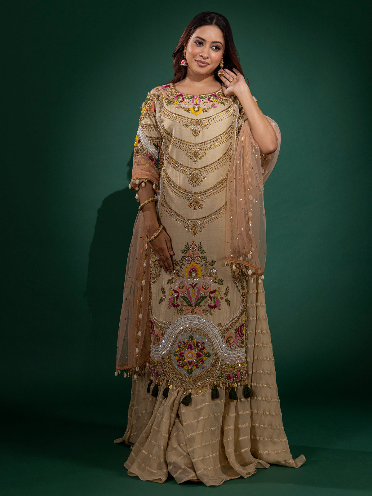 Cream raw silk palazzo suit for wedding celebration