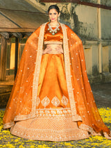 Orange raw silk lehenga choli with embellished dupatta