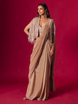 Beige lycra designer ready to wear saree for reception