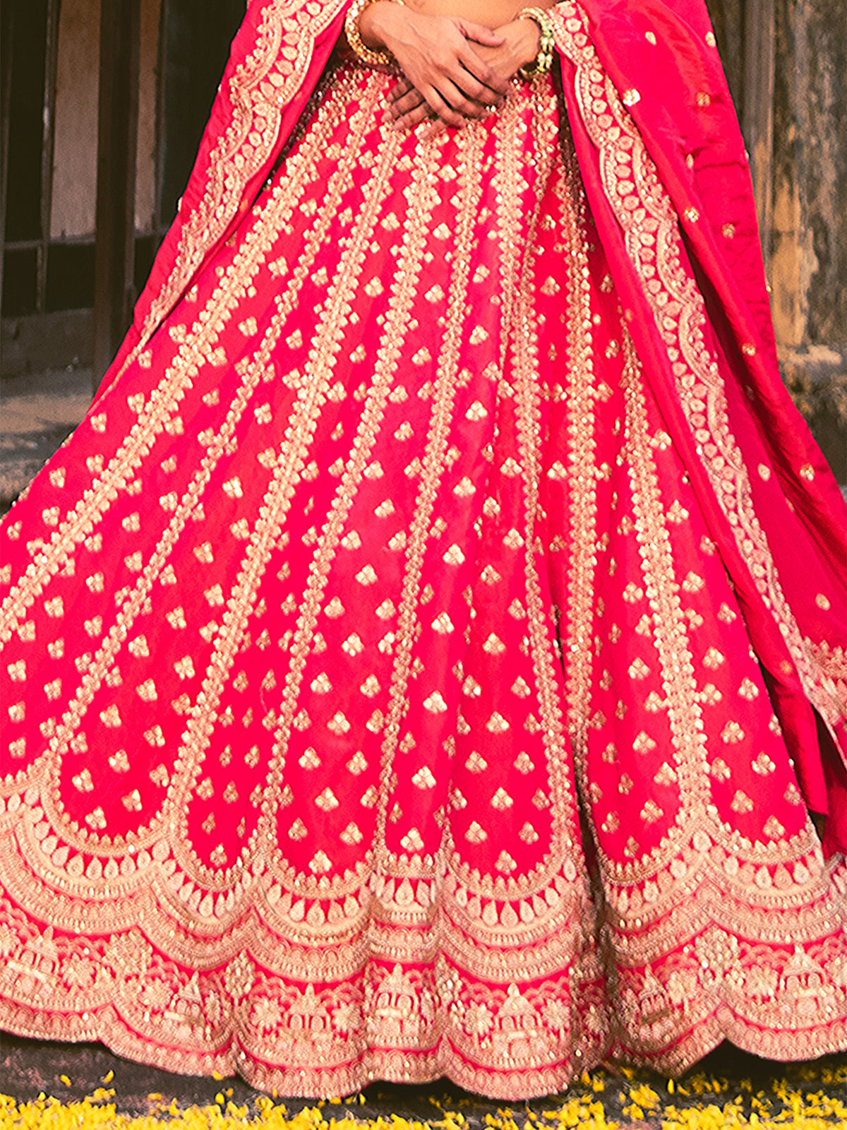 Red raw silk unstitched lehenga choli with dupatta for bridal wear
