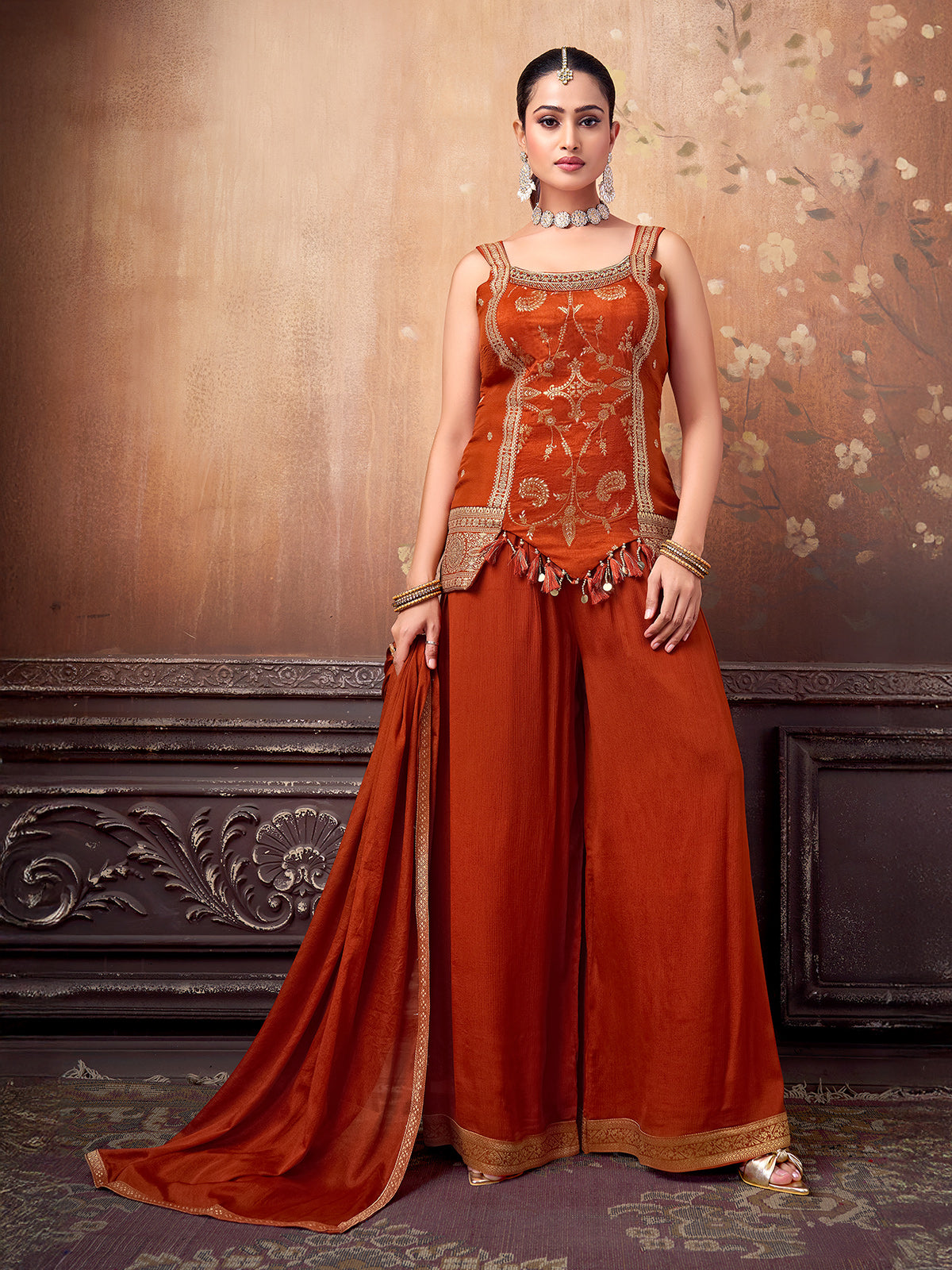 Rust orange silk embellished palazzo suit
