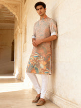 Light peach printed cotton silk kurta set