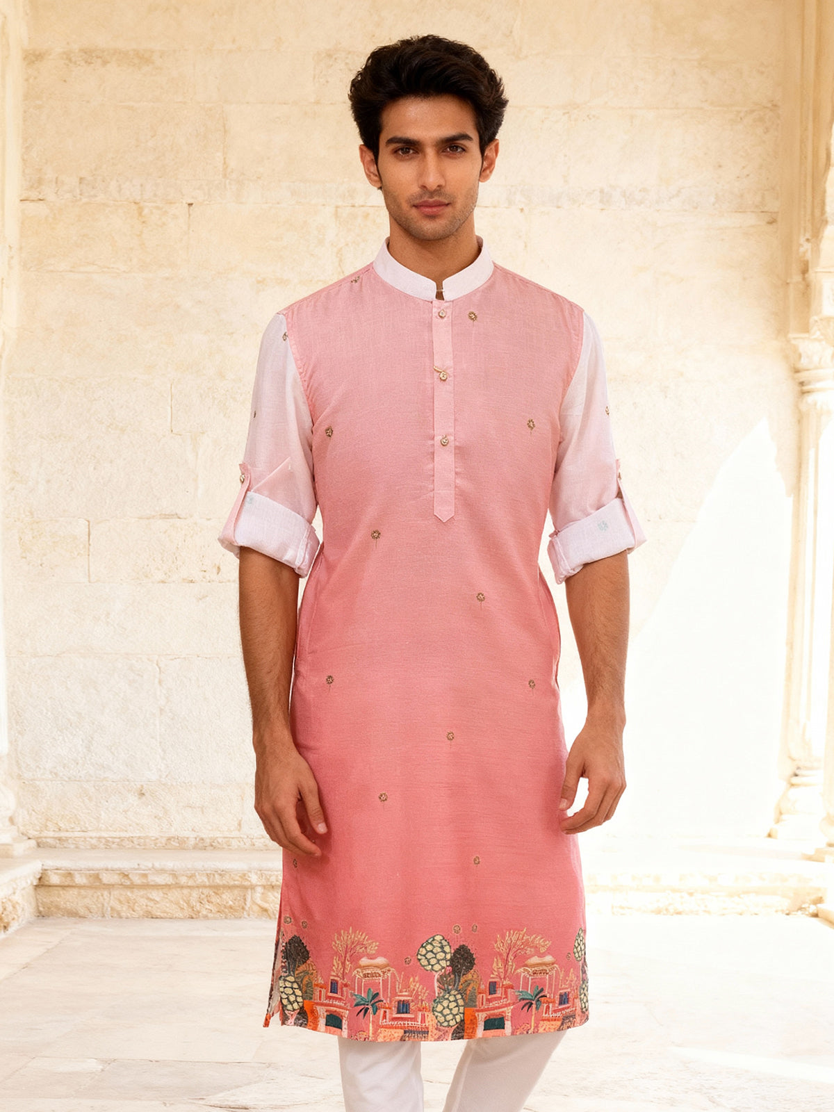 Shaded pink embellished kurta pyjama set