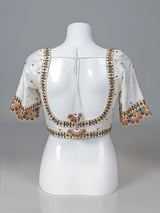 White raw silk aabla work round neck blouse
