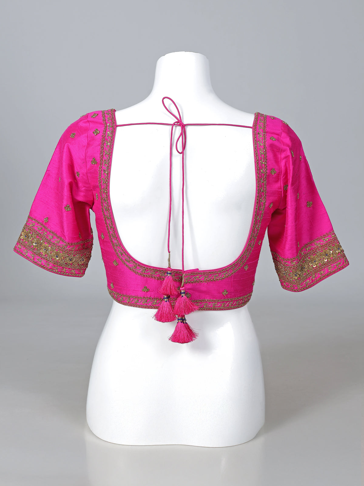 Magenta raw silk heavy embellished elbow sleeve blouse