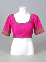 Magenta raw silk heavy embellished elbow sleeve blouse