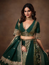Bottle green banarasi silk heavy lehenga choli