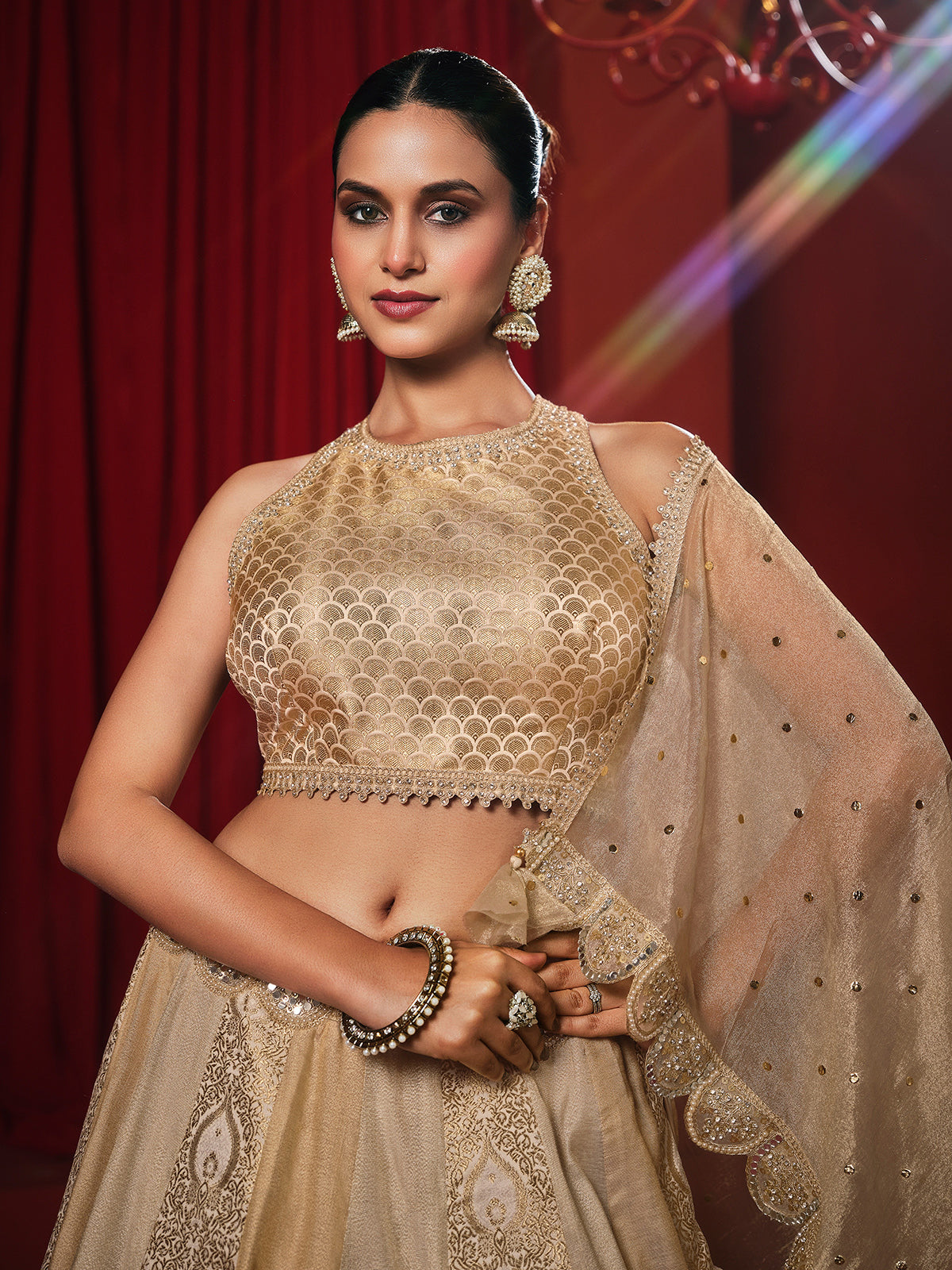 Gold silk mirror work lehenga choli