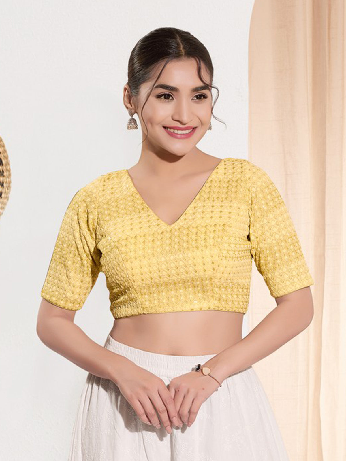 Yellow cotton silk V neck back open blouse