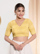 Yellow cotton silk V neck back open blouse