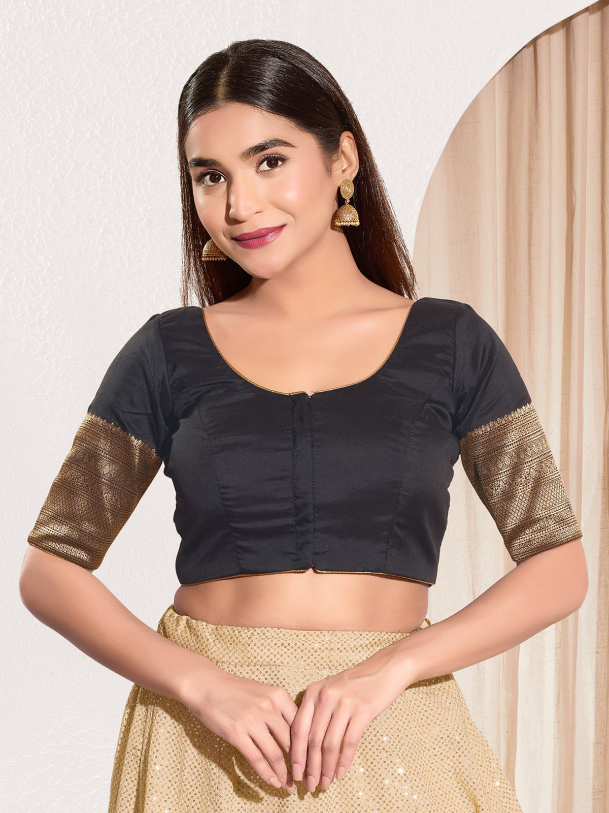 Black zari tafeta silk front open blouse