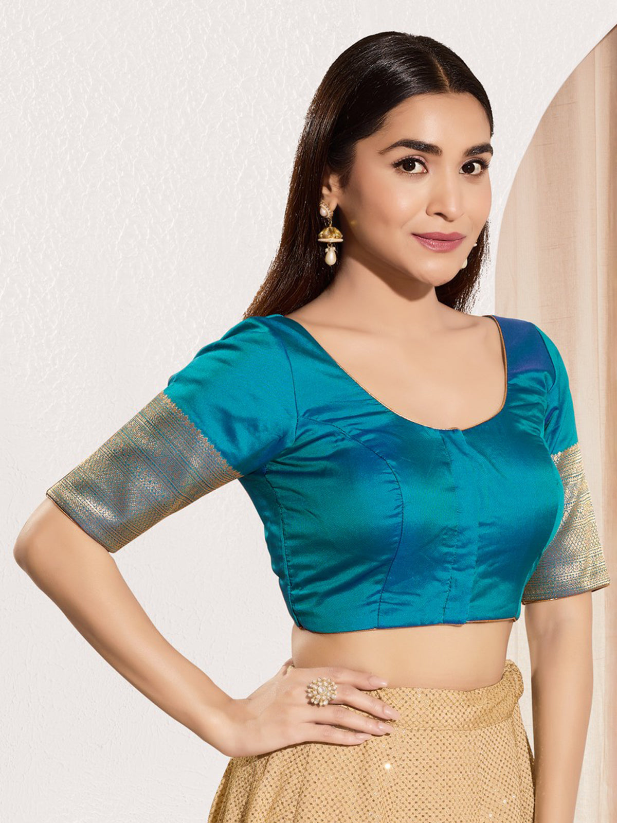 Aqua blue zari tafeta silk blouse