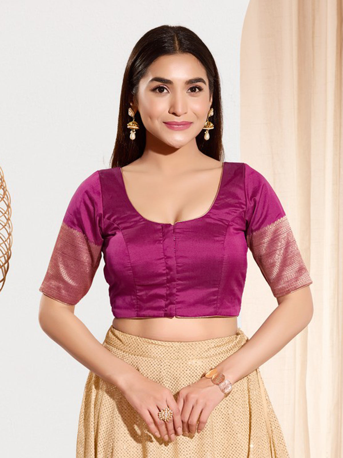 Pink zari tafeta silk front open blouse