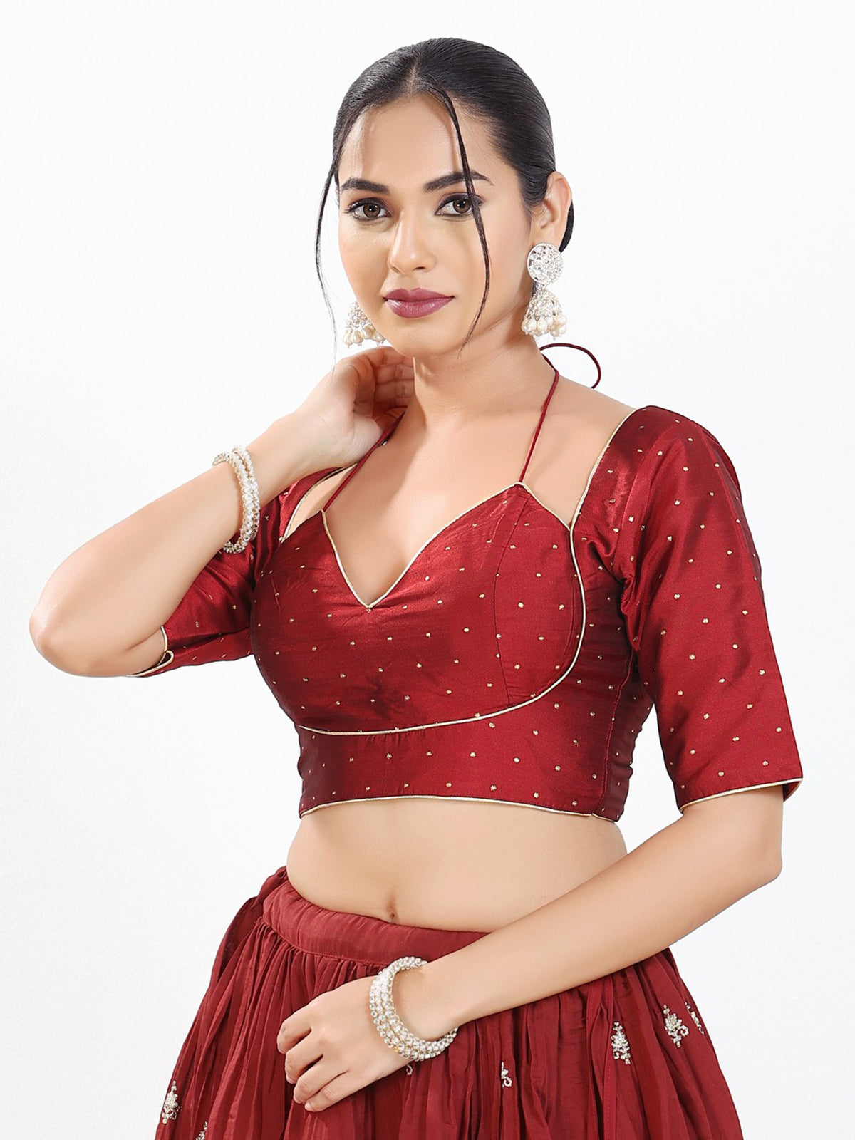 Maroon zari brocade sweetheart neck blouse