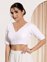 White embroidered cotton silk V neck blouse