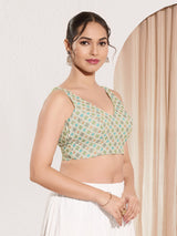 Pista green printed jacquard V neck blouse